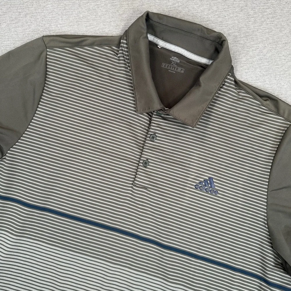 Adidas Mens XL Golf Polo Shirt Olive Green Striped Performance Short Sleeve